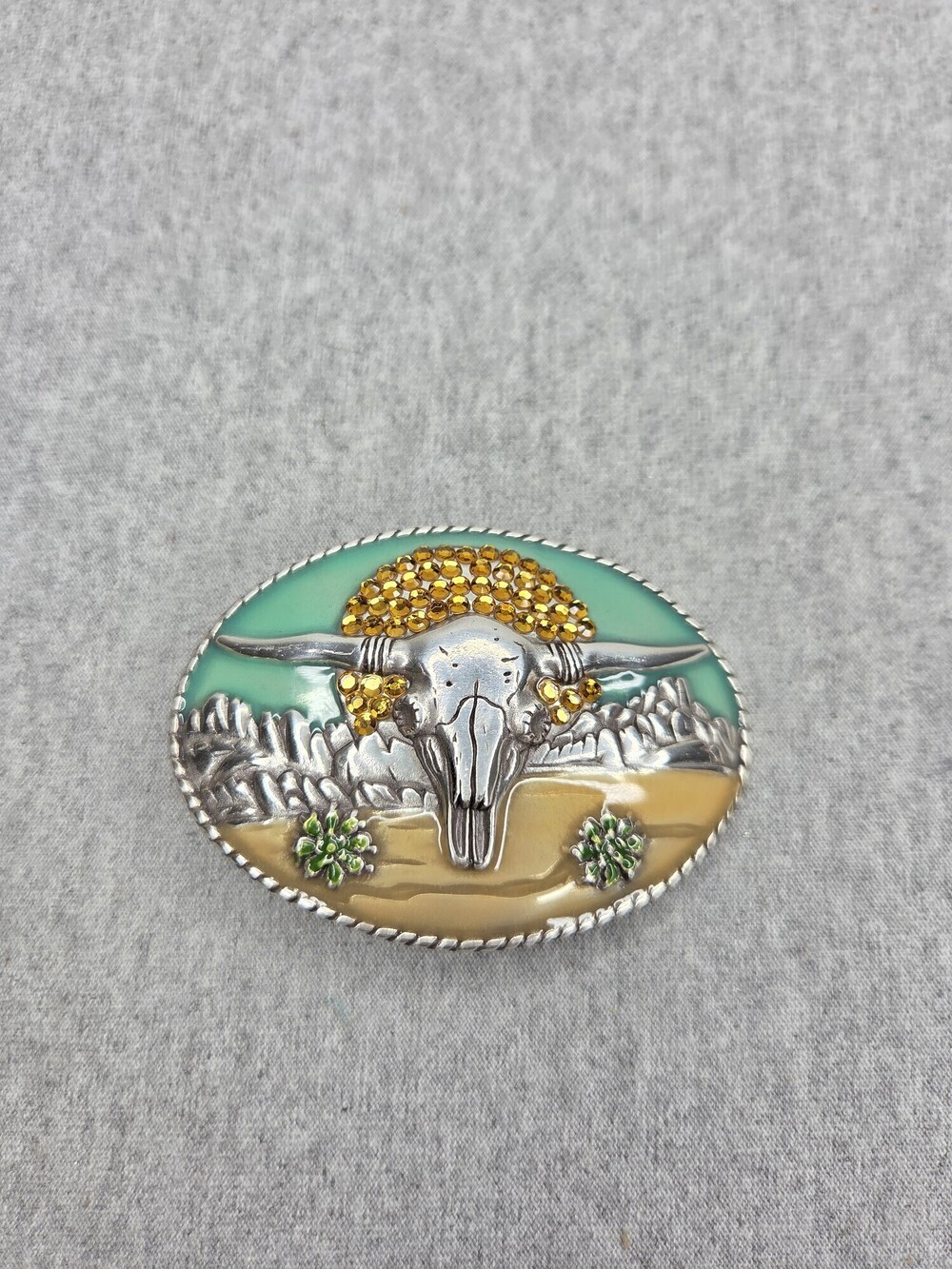 Longhorn Steer Southwestern Desert Belt Buckle Enamel Silver Tone Western Cow